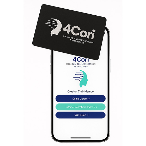 Smartphone displaying 4Cori app alongside a membership card emphasizes innovative communication in healthcare three features available.