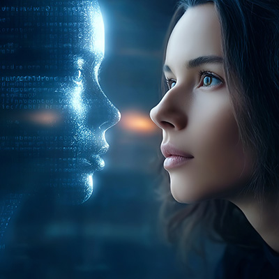 a woman with an AI avatar opposite her